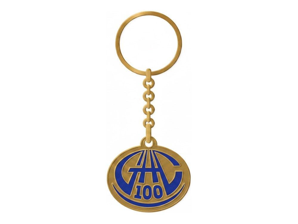 GAC 100 jaar sleutelhanger, goudkleurig met blauw logo